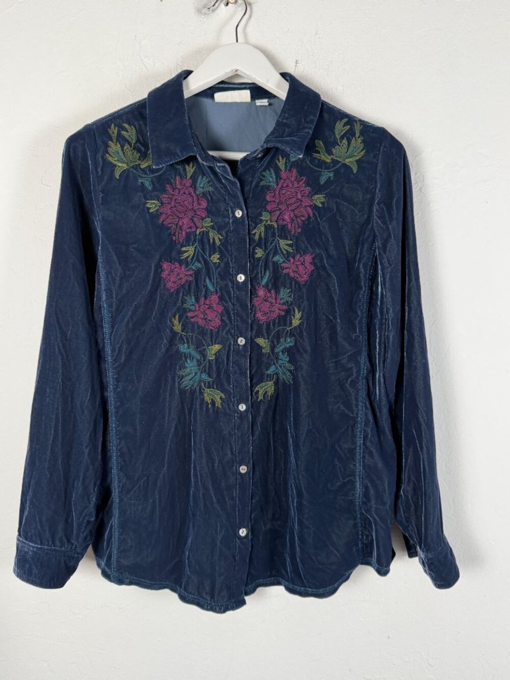 Uncommon Threads J.Jill Navy Velvet Floral Embroidered Button-Down Shirt Medium